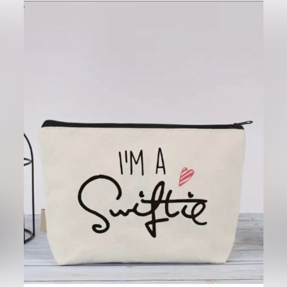 Cosmetic travel Beige Canvas Pouch with Black and Pink Print